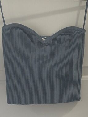 Babaton Slate Blue Ribbed Sweetheart Crop Strapless Top